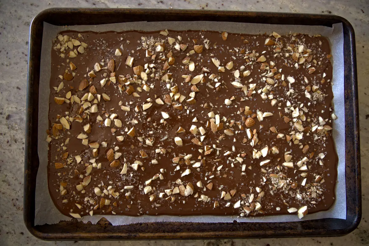 homemade chocolate bark cooling on pan