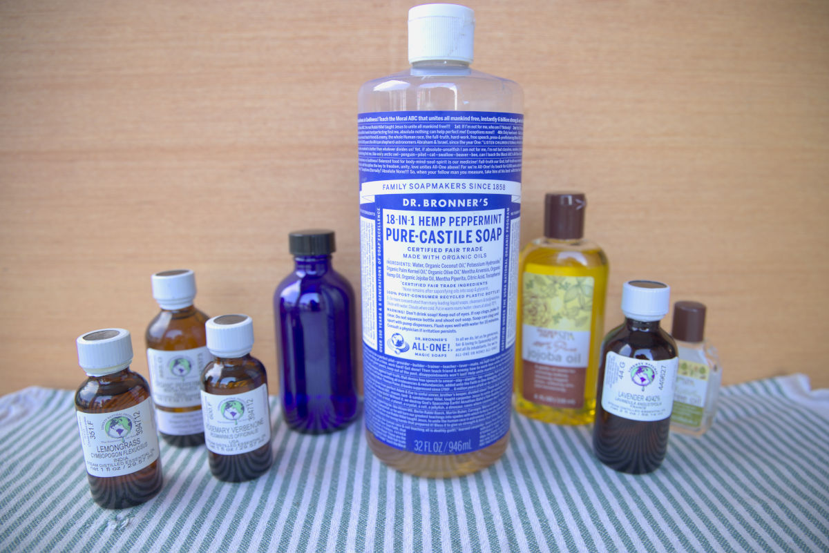 Soap, oil, and essential oils for making homemade shampoo