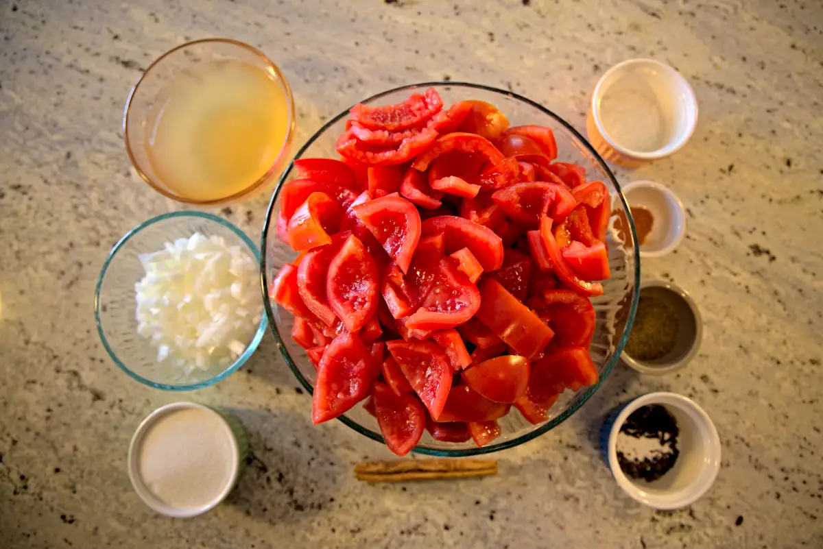 diced tomatoes and ingredients for homemade ketchup