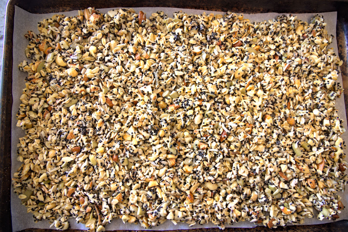 sheet pan of homemade granola to be toasted